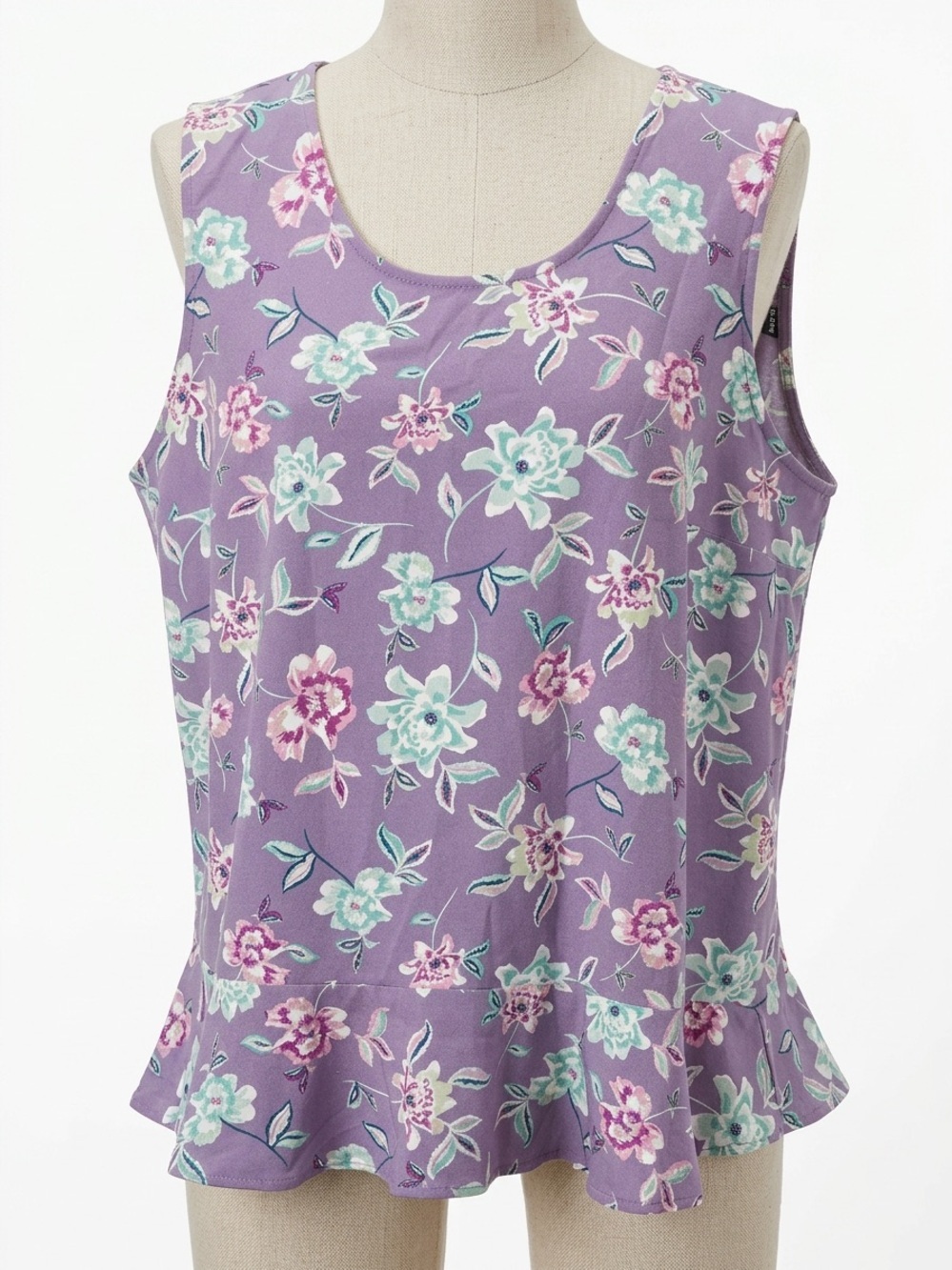 Denim & Co. Purple Floral Sleeveless Peplum Top Excellent Condition
